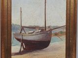 an oil painting of a boat on the beach by a body of water
