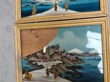 two framed pictures of people walking on a beach