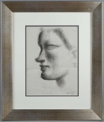 an image of a drawing of a woman ' s face in a wooden frame