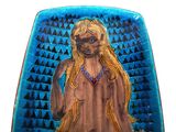 a blue plate with a picture of a woman on it