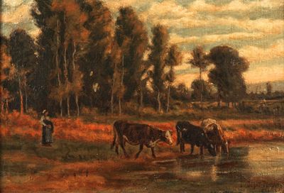 un tableau représentant deux vaches dans un champ