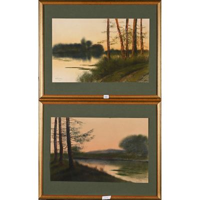 deux tableaux encadrés représentant une rivière et des arbres dans une forêt