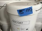 several buckets of paint are stacked on top of each other in a warehouse
