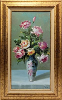 a painting of flowers in a vase on a table