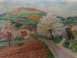 une peinture à l'huile représentant une route de campagne avec une ferme en arrière-plan