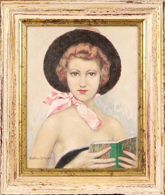 tableau représentant une femme coiffée d'un chapeau, tenant un livre entre ses mains