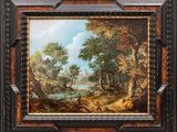 a painting of a wooded landscape with figures in the foreground