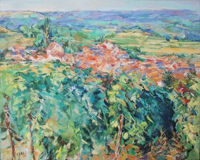 an oil painting of a view of a vineyard with a house in the distance