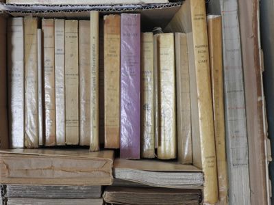 une boîte remplie de vieux livres posée sur une table