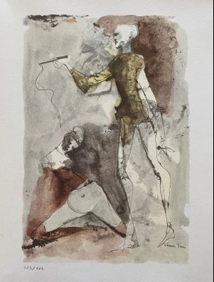 un dessin représentant un homme avec un chien en laisse