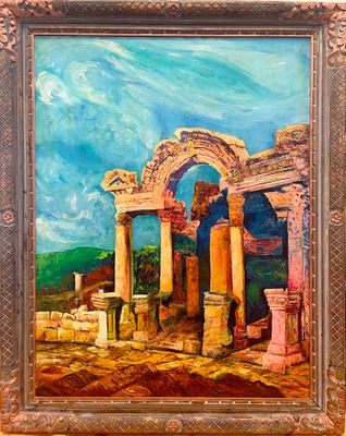 une peinture à l'huile représentant un tableau représentant un bâtiment à colonnes