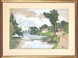 framed watercolor painting of a river scene with a boat in the foreground