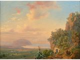a painting of a mountain landscape with cattle grazing in the foreground