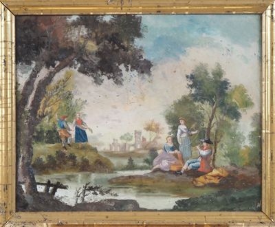 une image représentant un tableau où l'on voit un groupe de personnes assises au bord d'une rivière