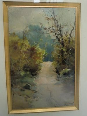 a painting of a man walking down a dirt road