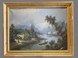 une image représentant un tableau représentant un paysage de montagne avec un bateau