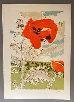 une photo d'une photo représentant une fleur rouge dans un champ