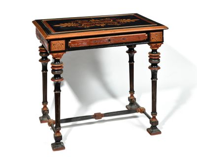an image of a small table with a wooden top and black and gold decoration