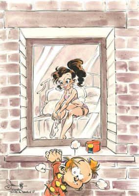 tableau représentant une fille et un garçon regardant par la fenêtre un chat