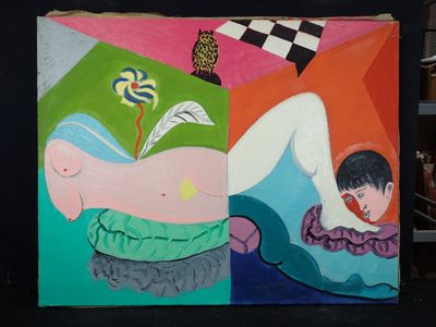tableau représentant un tableau dans lequel figurent une femme et un enfant posés sur une table