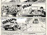 a black and white comic strip with a car and a man in a car