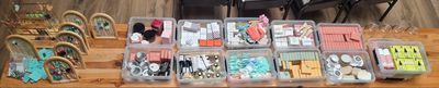 a table with many different items on it in a room