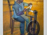 painting of a man sitting on a chair with a spinning wheel