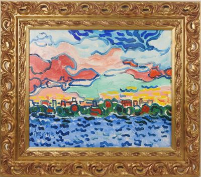 an oil painting of a sunset over the ocean with a city in the distance