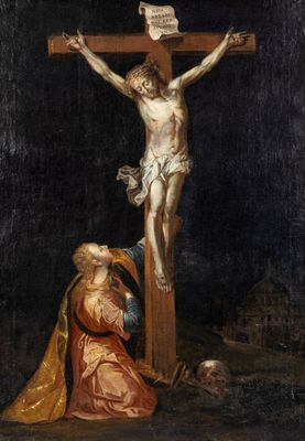 a painting of jesus on the cross with a woman kneeling next to him
