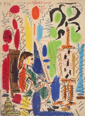 an image of a drawing of a woman in a colorful room