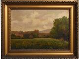 une peinture à l'huile représentant un champ avec des arbres et une maison au loin