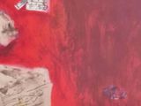 a painting of a dog sitting on a red floor