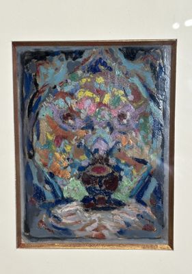 une peinture représentant un vase de fleurs sur une table