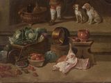 a painting of a man and a dog in a kitchen