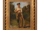 un tableau représentant un homme tenant une batte de baseball dans un champ