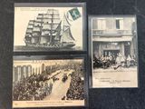 three old postcards of people and a boat on a city street