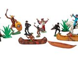 many figurines of different people on a white background