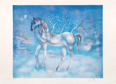 tableau représentant une licorne blanche sur fond de ciel bleu