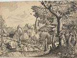 drawing of a wooded landscape with a church in the distance