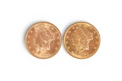two gold coins on a white surface with a white background