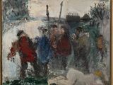une peinture à l'huile représentant un groupe de personnes debout dans la neige