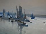 painting of a group of sailboats on a body of water