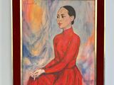 tableau représentant une femme en robe rouge assise devant un tableau