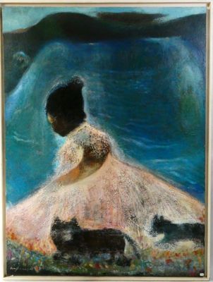 une peinture à l'huile représentant une femme et deux chats dans un champ