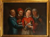 an image of a painting of a group of people holding a dog