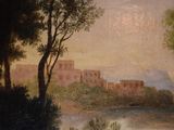 painting of a view of a castle with a lake in the foreground and trees in the foreground