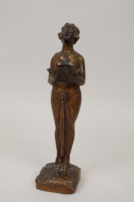bronze statue of a woman holding a book on a white background