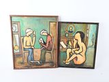 deux tableaux représentant un homme et une femme assis à une table