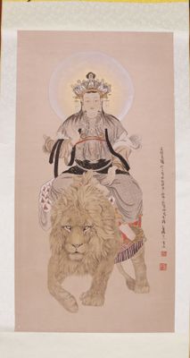 painting of a man riding a lion with a crown on his head