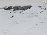 dessin au crayon représentant un paysage enneigé avec des rochers et de la neige au sol